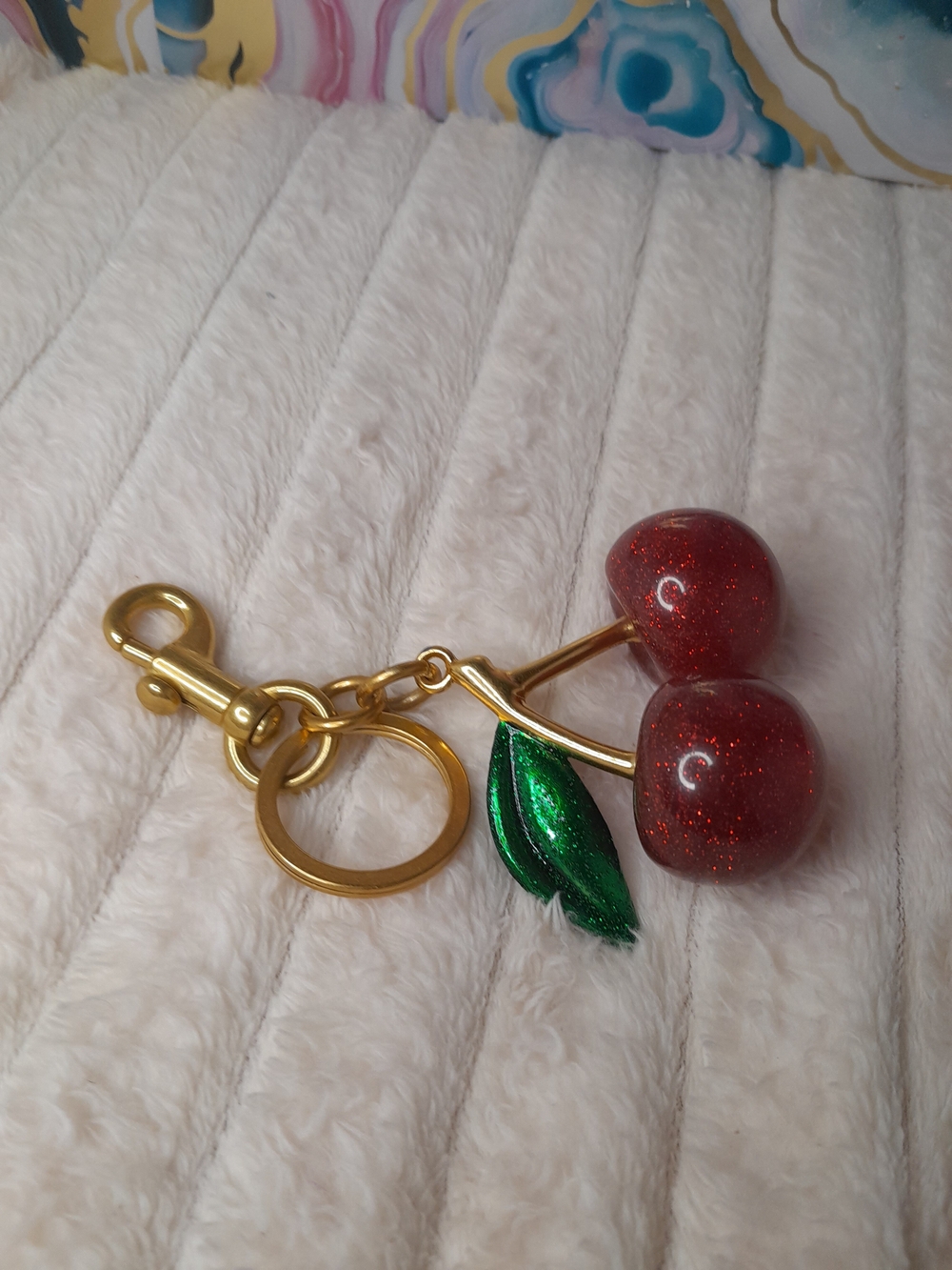 Gold Cherry Keychain Bag Charm with Red Glitter Cherries - Picture 3 of 5